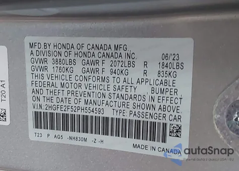 2023 Honda Civic Sport from USA, damaged, VIN 2HGFE2F52PH554593